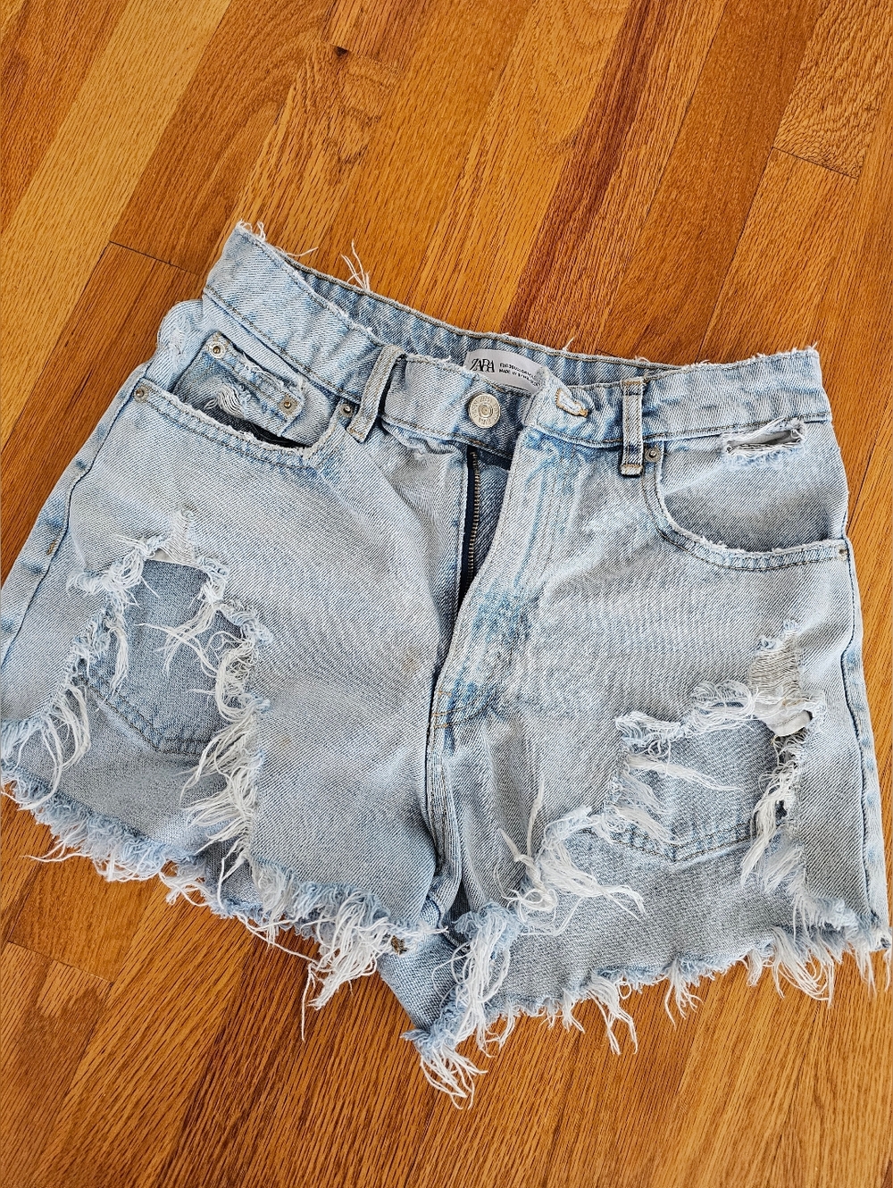 Zara Light Blue Distressed Denim Shorts
